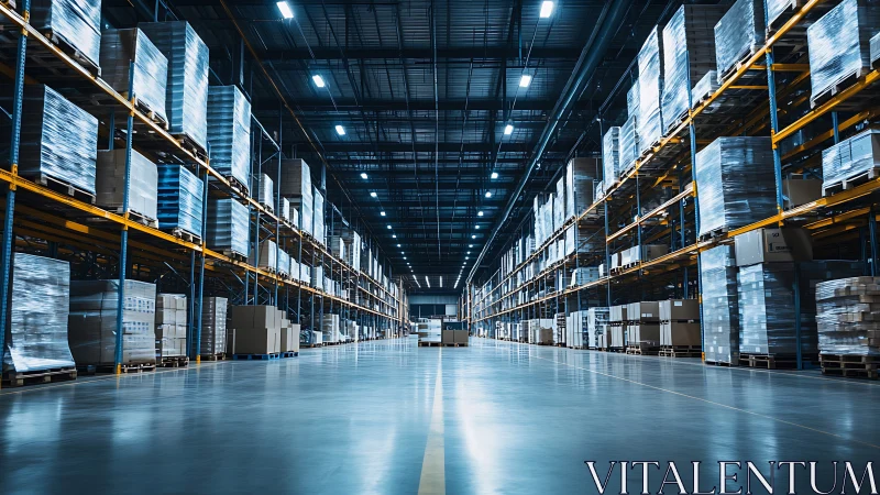 Endless pallet avenues march beneath cool warehouse light