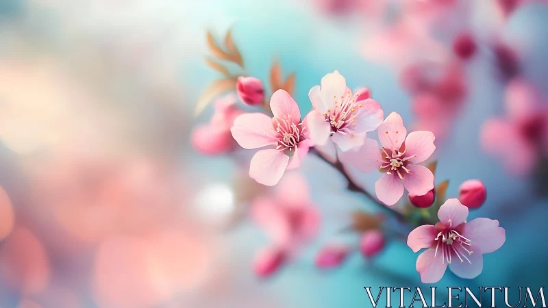 Spring Cherry Blossoms Against Soft Blue Sky.