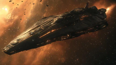 Massive starship gliding through dense orange nebula field.