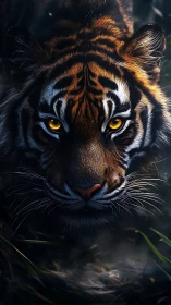 Predatory tiger portrait with glowing amber eyes in shadowed jungle.
