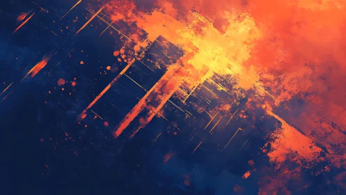 Digital painting of radiant orange fractures over deep blue field.