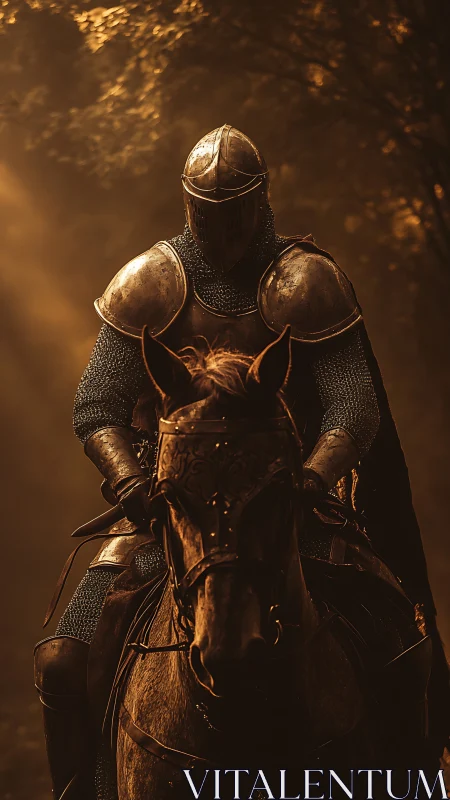 Armored knight rides through golden forest light in silence.