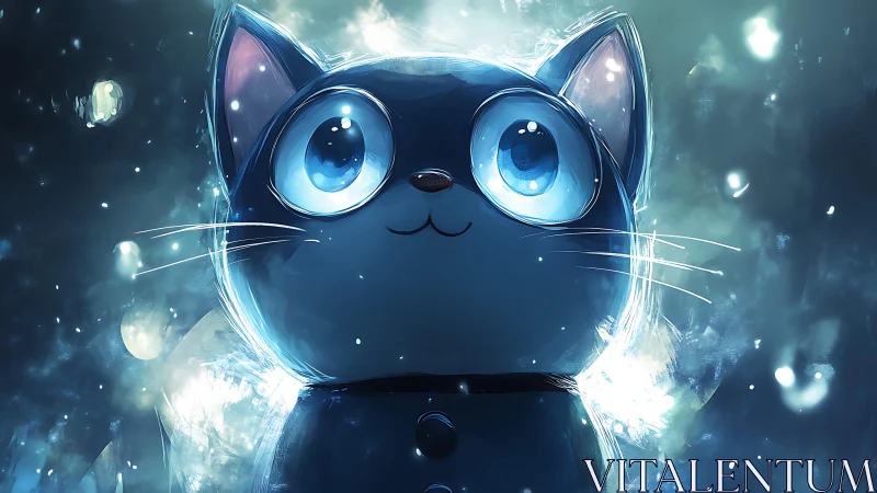 Wide-eyed blue cartoon cat stands glowing in soft light