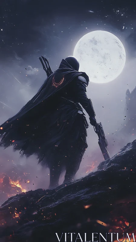 Lone cloaked warrior confronts a burning lunar battlefield.