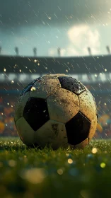 Wet soccer ball on grass under stadium rainlighting.
