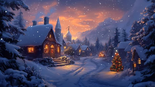 Snow-covered village street glows under warm festive twilight
