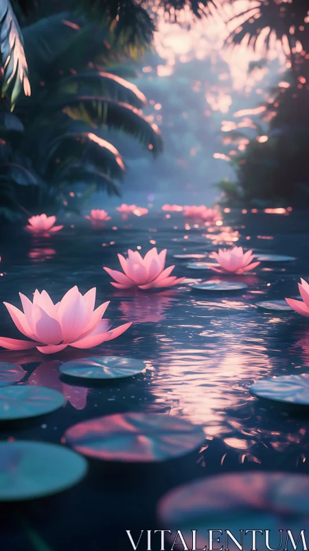 Digital rendering shows pink water lilies on reflective pond