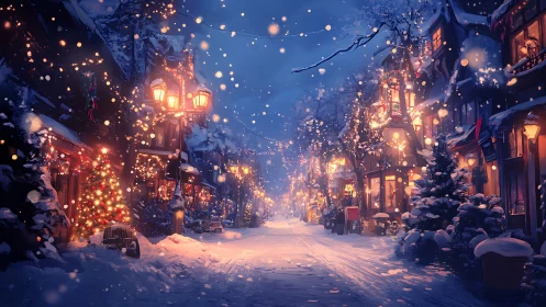 Snowy Christmas village street glows with warm festive lights