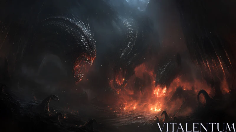 Infernal multiheaded leviathan over volcanic abyssal chasm.