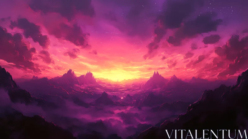 Digital painting panorama of luminous fantasy mountain sunset.
