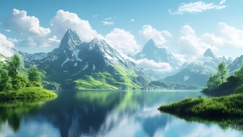 High alpine lake with snowcapped peaks and lush summer banks.