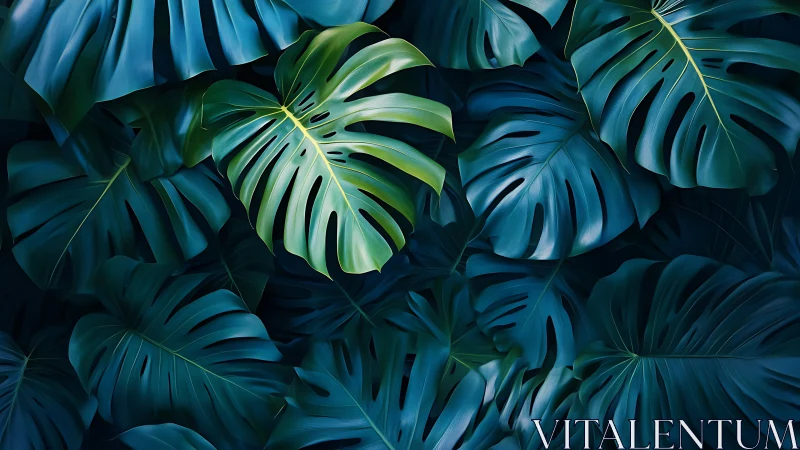 Overlapping monstera foliage in uniform dark green tones.