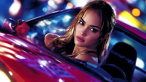 Night street racer gazes back from neon-lit sports car.