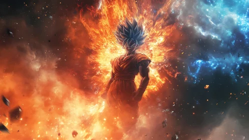 Saiyan warrior ignites cosmic flame against galactic void.