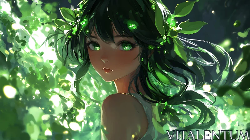 Green-eyed forest girl in glowing foliage portrait.