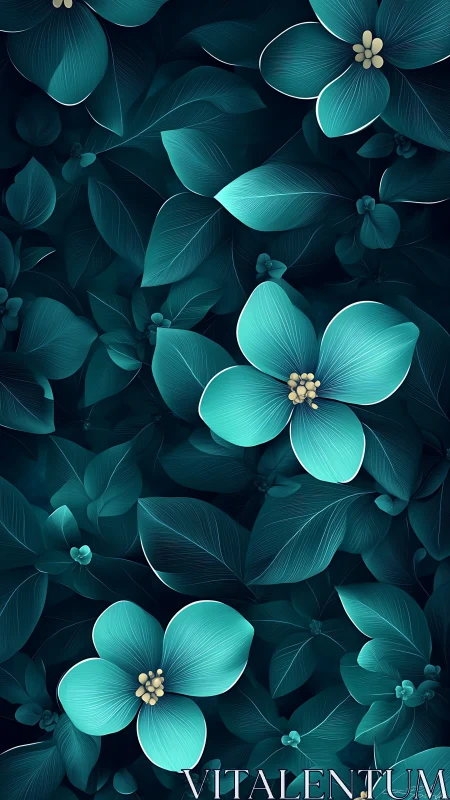 Turquoise Floral Pattern with Luminous Blooms and Layered Leaves