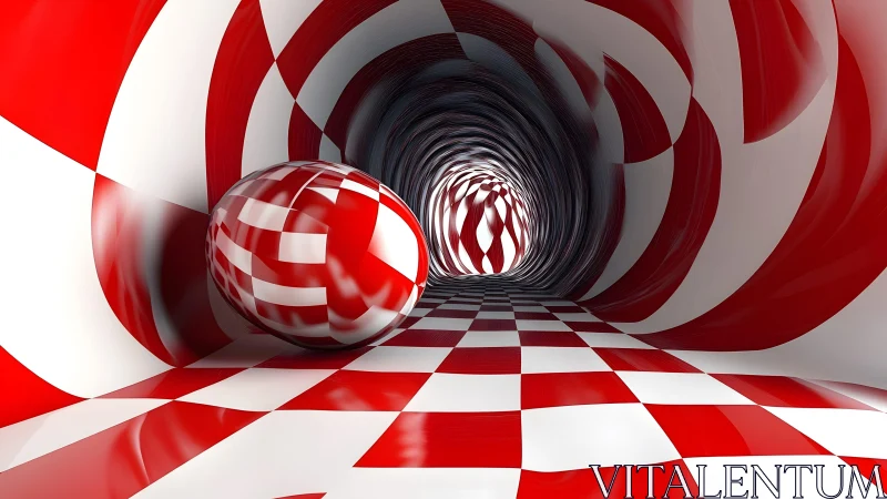 Checkerboard vortex tunnel with reflective red sphere dynamics.