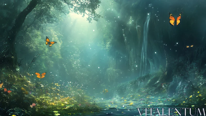 Enchanted forest waterfall with glowing light and butterflies
