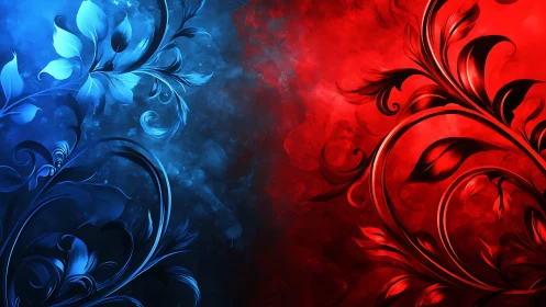 Chromatic dual-floral vector abstraction in red and blue fields.