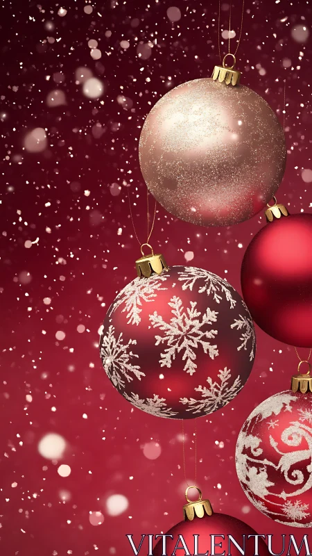 Spherical red ornaments display glittered snowflake patterns on bokeh