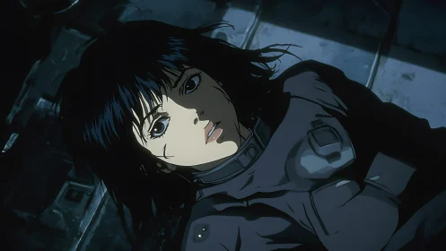 Cyborg woman in low-key lighting studies ceiling from metal floor