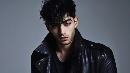 Moody portrait of stylish man in black leather jacket.