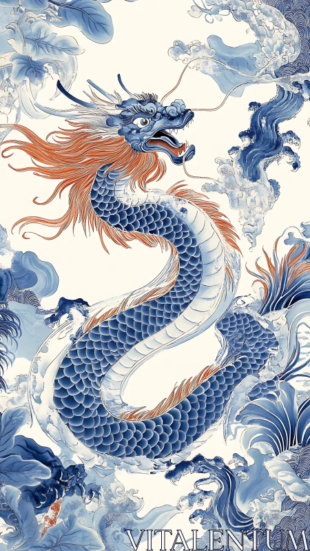 Coiled blue dragon rendered amid stylized cresting waves