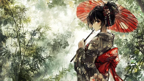 Anime geisha in patterned kimono with red parasol in dense bamboo grove