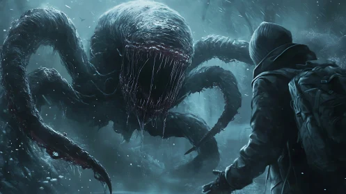 Frostbitten tentacle nightmare greets lone winter wanderer.
