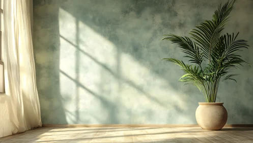 Sunlit potted palm stands near textured wall and window