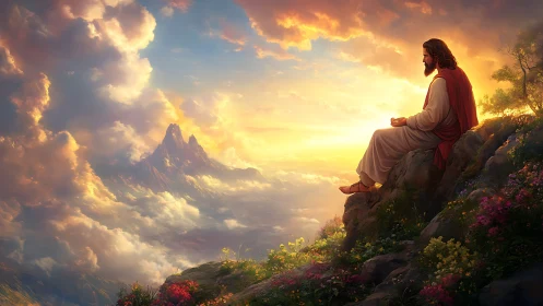 Contemplative robed figure on cliff at radiant cloudscape dawn