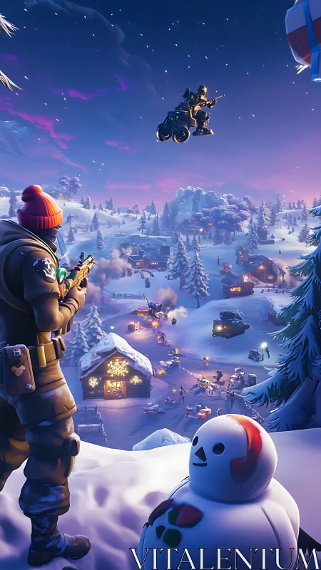 Winter battle royale over snowy village at dusk.