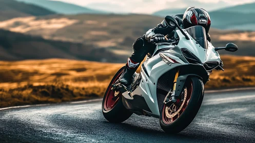 Sport motorcycle leans into a bend on open mountain road