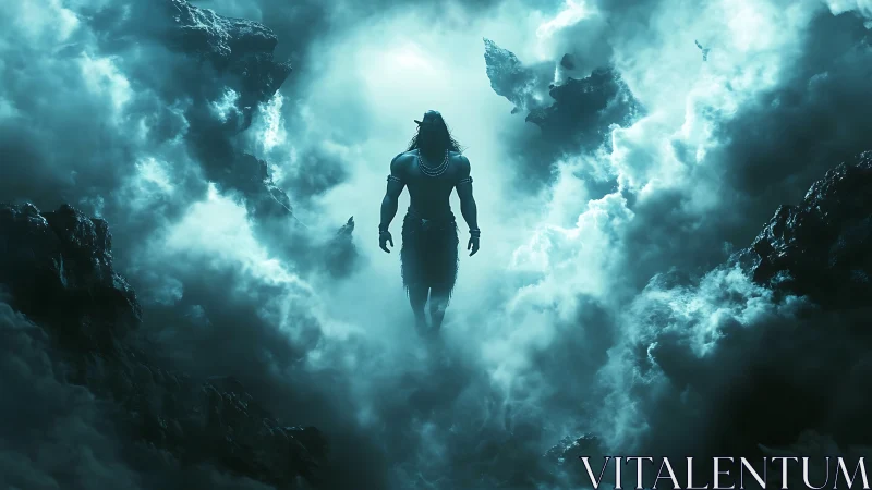 Mythic warrior strides through storm-torn celestial clouds