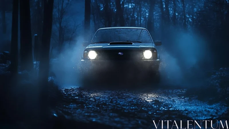 Moody off-road sedan in cinematic night forest composition.