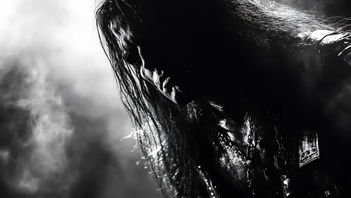 Shadow-soaked rocker emerges from swirling monochrome haze.