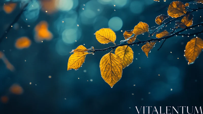 Golden autumn leaves against teal bokeh forest backdrop.