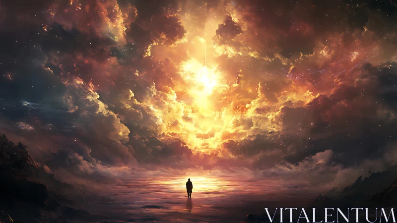 Backlit solitary figure under turbulent volumetric nebula sky