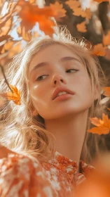 Soft autumn portrait bathed in golden falling leaves.