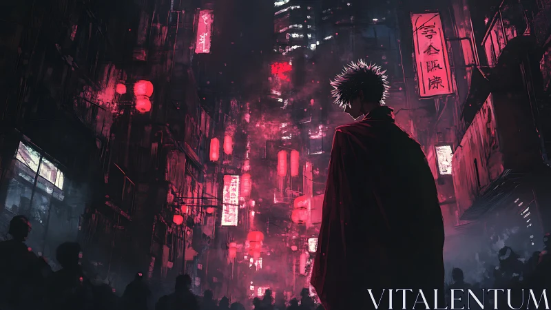 Midnight drifter under neon red alleyway skies.