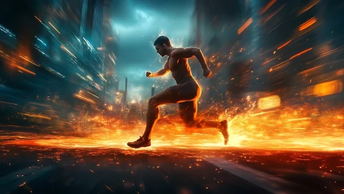 Cyber runner sprinting through blazing neon city street.