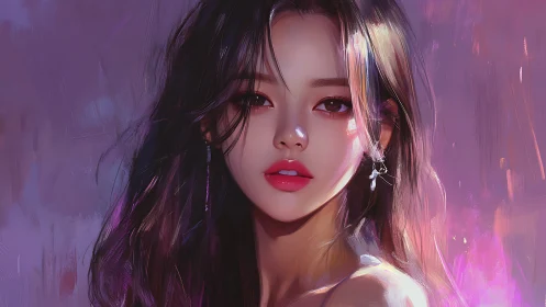 Digital portrait of woman with long hair on violet background.