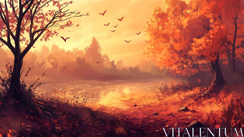 Golden autumn riverbank glows warmly under a soft sunset sky