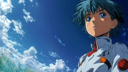 Anime horizon portrait under expansive cinematic sky framing.