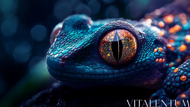 Star-forged gecko gaze under neon forest midnight sky.