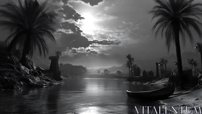 Moonlit riverbank with palm silhouettes and distant ruins