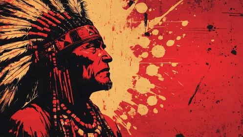Tribal elder profile emerges from bold red paint burst.