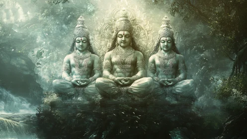 Sacred trio in misty forest temple of quiet morning light.