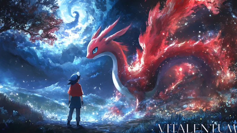 Boy confronts massive red dragon under swirling night sky.