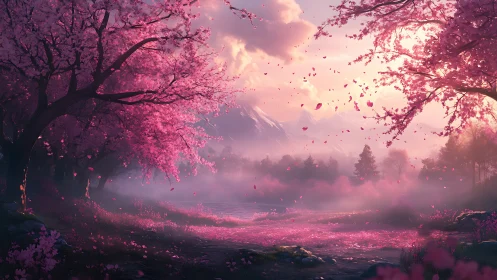Blossoming cherry valley glows beneath serene misty mountains.